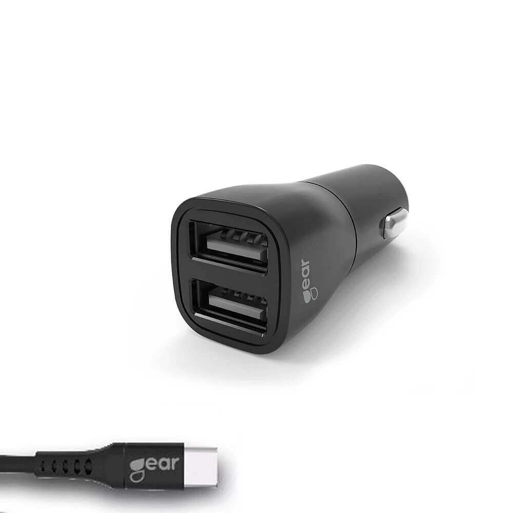 GEAR Laddare 12-24V 2xUSB-A 3.4A Svart USB-C 2.0 Kabel 1m