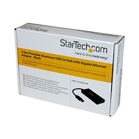 StarTech.com StarTech.com Bärbar USB 3.0-hubb med 3 portar plus Gigabit Ethernet - aluminium med inbyggd kabel - hubb - 3 portar